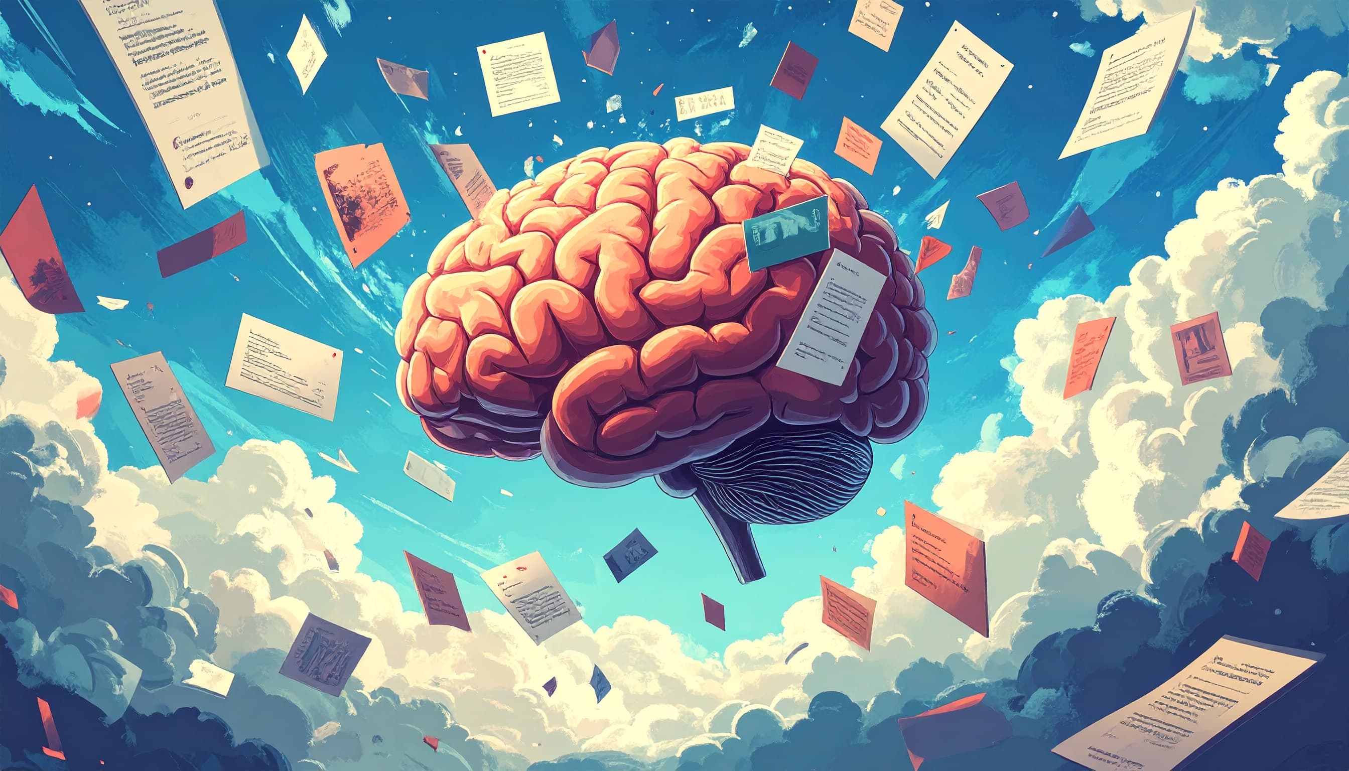 Illustration of flashcards floating around a brain, symbolizing memory and learning.